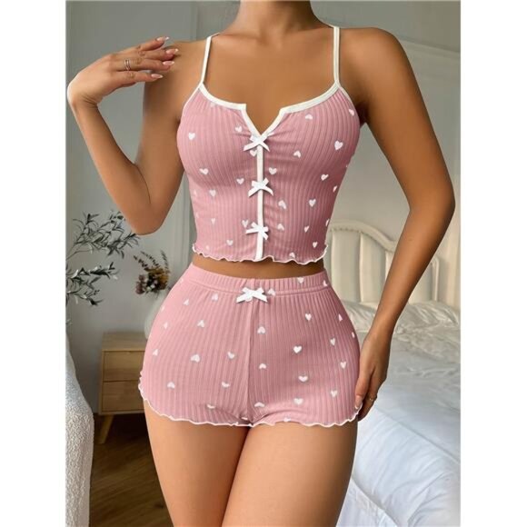 Women's Heart Print Frill Trim Sexy Ribbed Pajama Set, Bow Decor Notched Neck - Picture 3 of 6